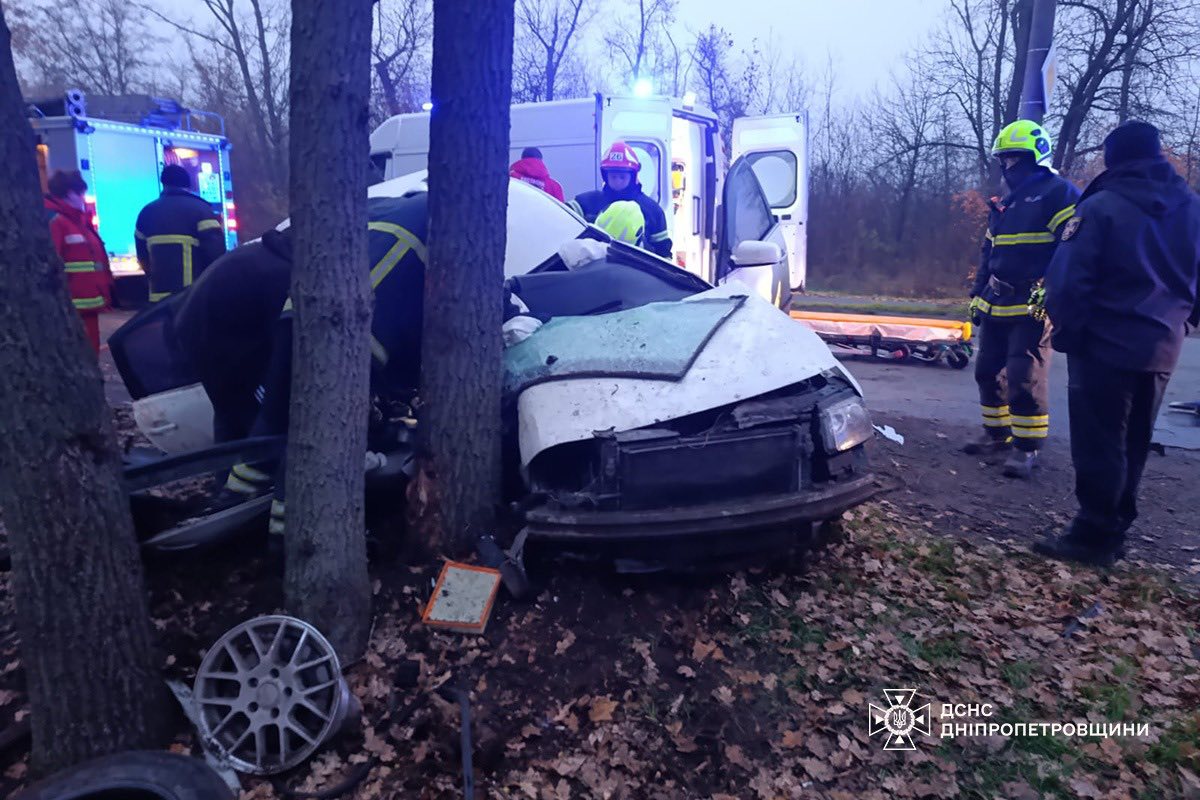 У Кривому Розі легковик врізався в дерево: загинув пасажир, жінку деблокували рятувальники