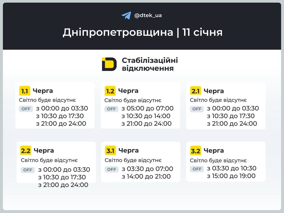 Коли не буде світла на Дніпровщині: графік погодинних відключень на 11 січня