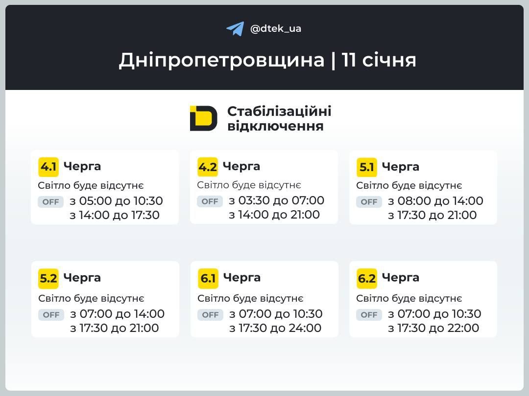 Коли не буде світла на Дніпровщині: графік погодинних відключень на 11 січня