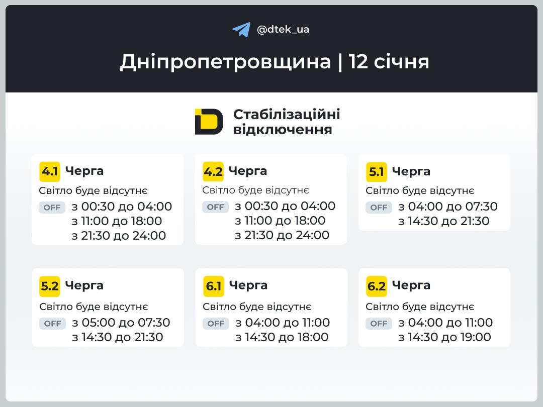 Графіки знеструмлень на 12 січня: коли не буде світла на Дніпровщині
