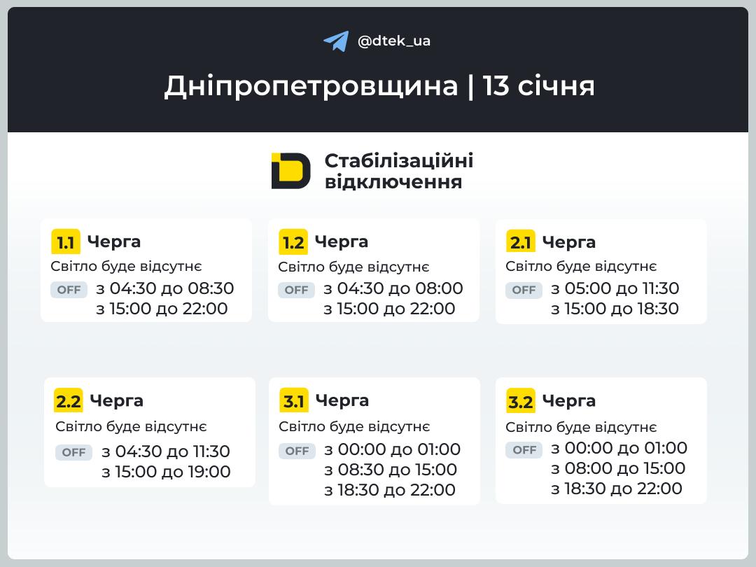 На Дніпровщині можливі зміни графіків: як працюватимуть відключення світла 13 січня