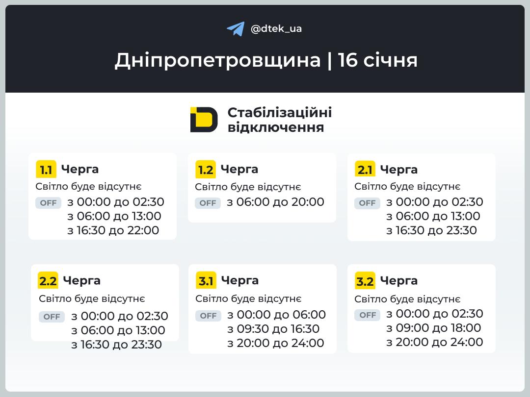 Відключення електроенергії 16 січня: час та черги для жителів Дніпровщини