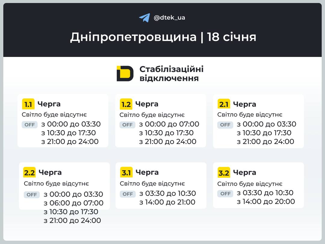 Відключення світла на Дніпровщині: графіки всіх груп на 18 січня