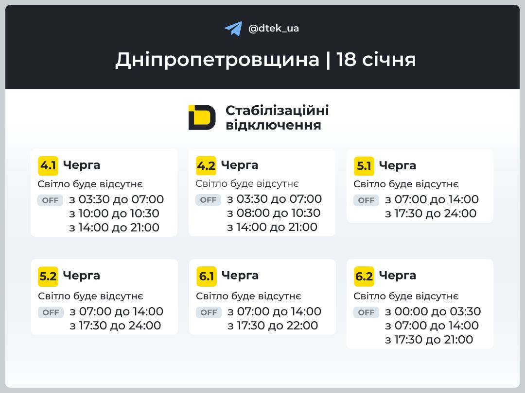 Відключення світла на Дніпровщині: графіки всіх груп на 18 січня