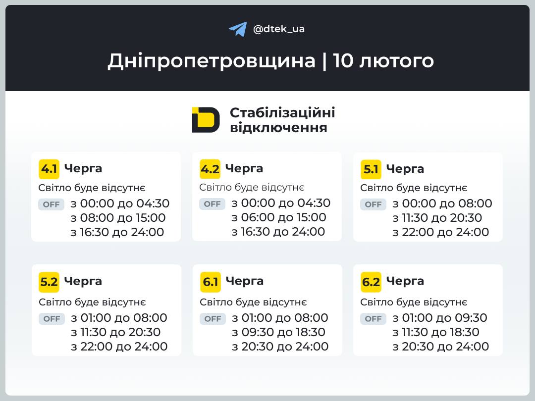 На Дніпровщині 10 лютого діятимуть графіки відключень світла: графіки для жителів