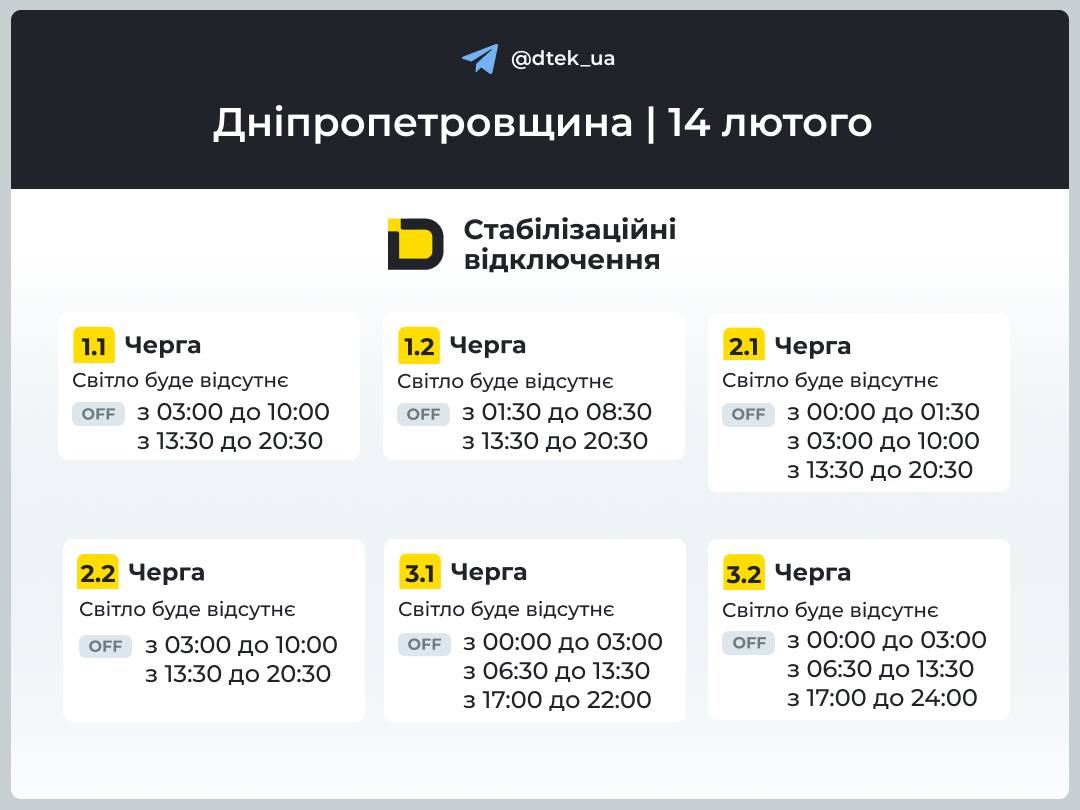 На Дніпровщині 14 лютого вимикатимуть світло весь день: графіки для жителів