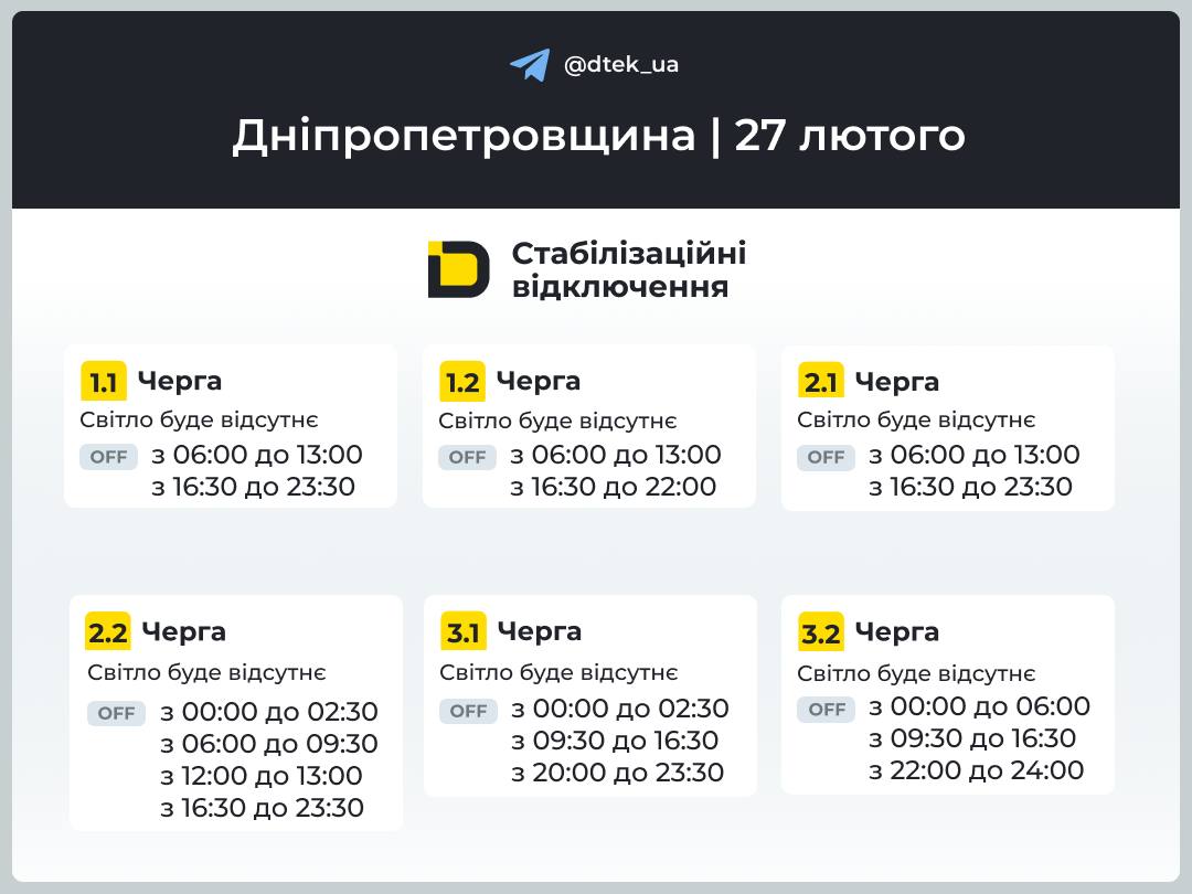 Світло вимикатимуть протягом доби: 27 лютого на Дніпровщині запровадили погодинні графіки