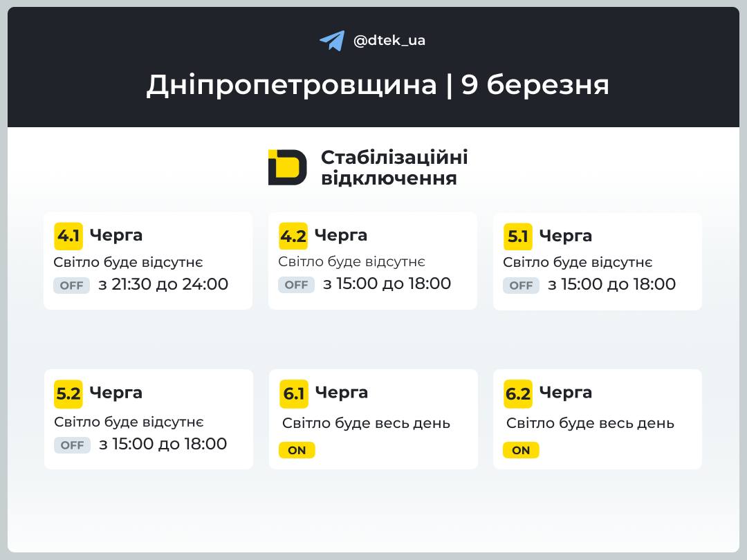Графіки відключень: коли не буде світла на Дніпровщині 9 березня