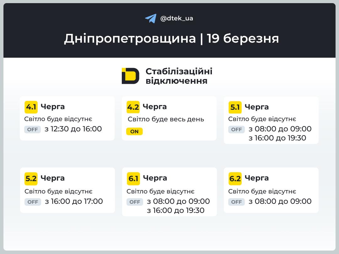 Відключення світла 19 березня на Дніпровщині: графіки з 08:00 до 21:00