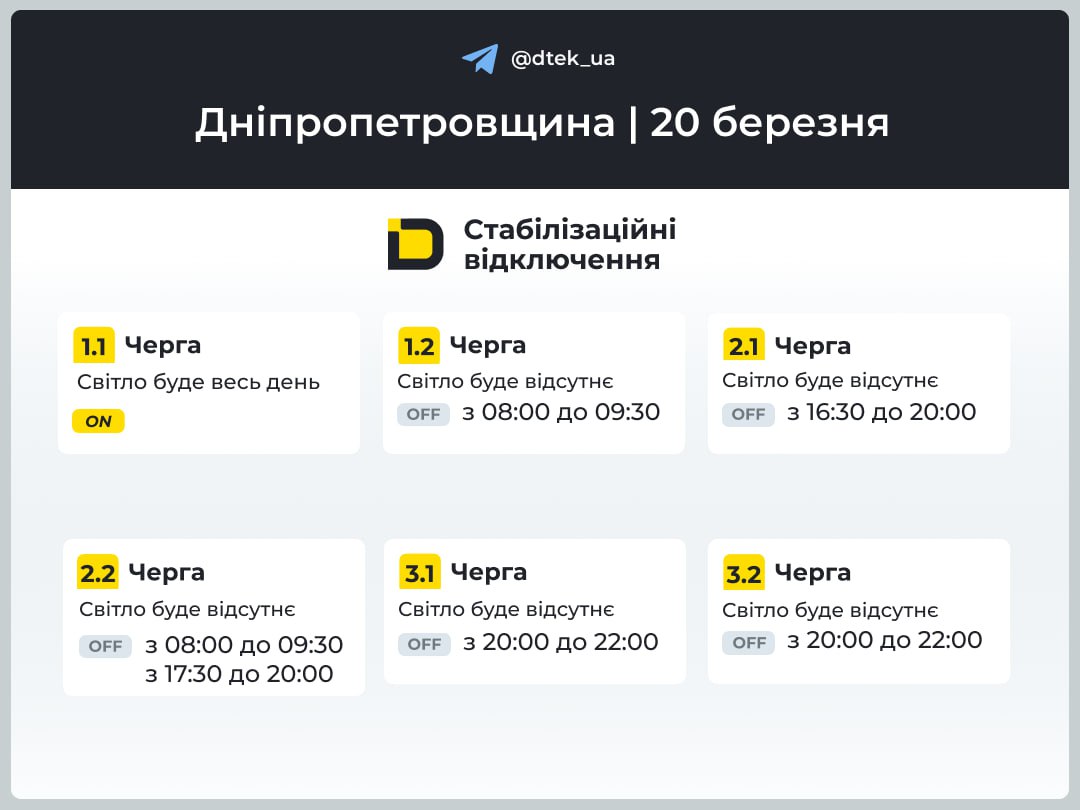 Як вимикатимуть світло на Дніпровщині 20 березня: графіки для жителів