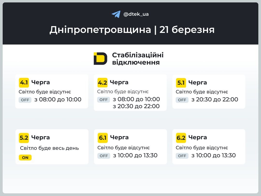 З 8:00 до 22:00: на Дніпровщині 21 березня вимикатимуть світло