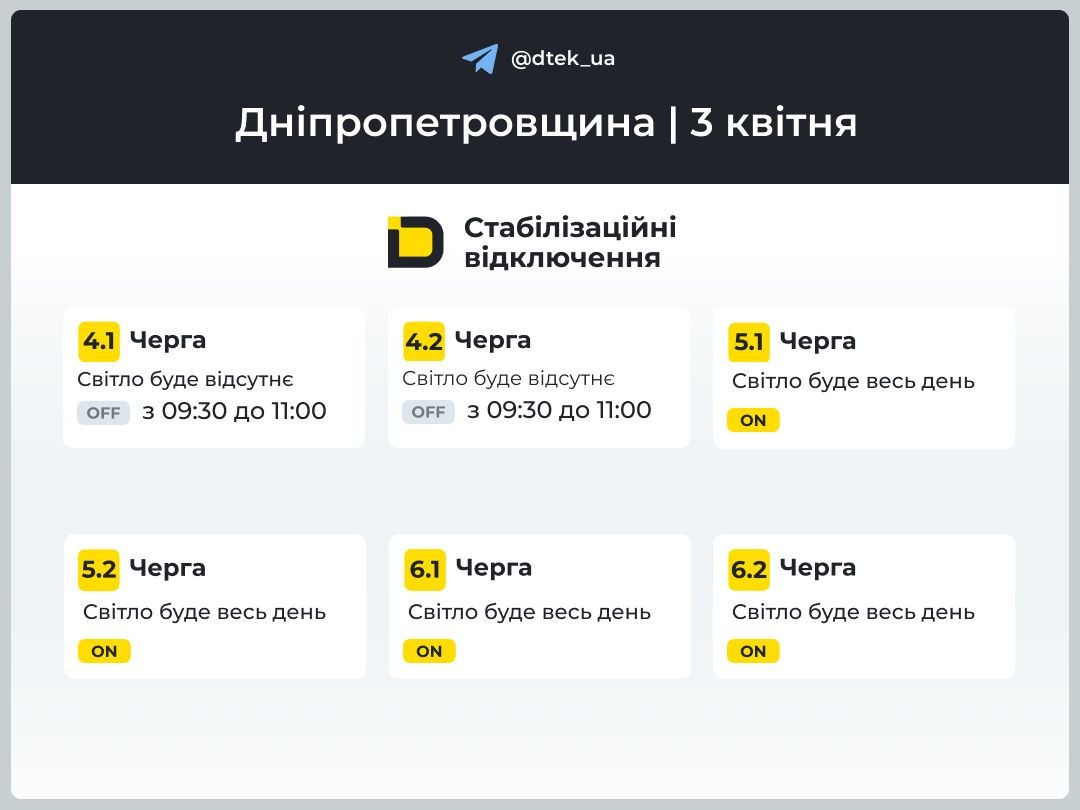 Відключення електроенергії: на Дніпровщині 3 квітня зранку вимикатимуть світло